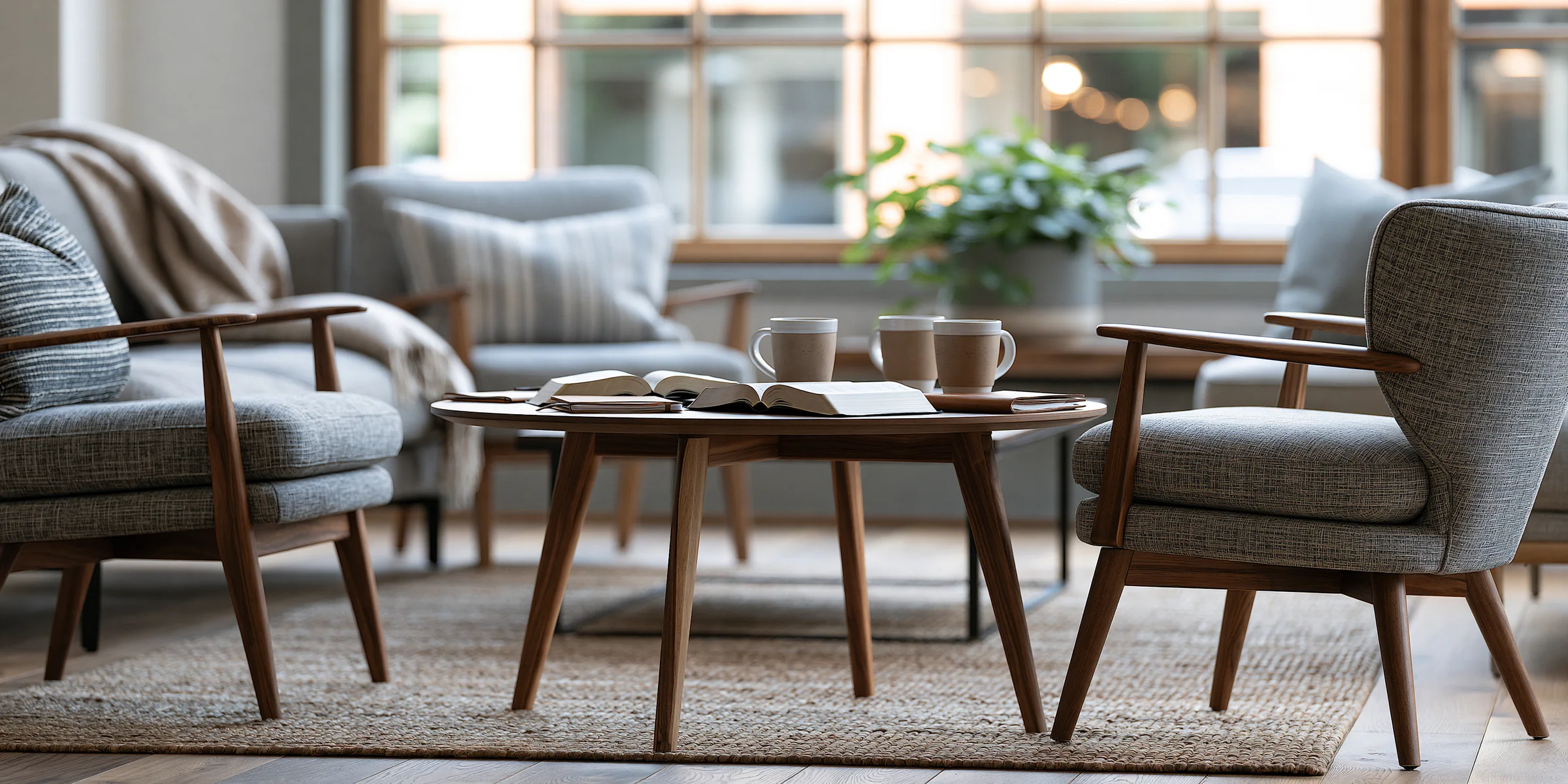 A quiet living room with open Bibles and coffee mugs on a wooden table between soft armchairs, daylight through the windows.